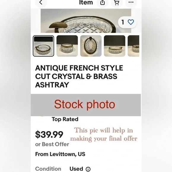 Antique French style crystal ashtray set (3) with hand (cigarette holder) & trim - Picture 12 of 15